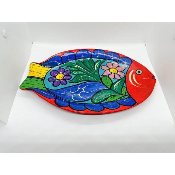 Vintage Handmade Talavera Terracotta Fish Serving Platter Plate Hand Painted - Picture 3 of 9